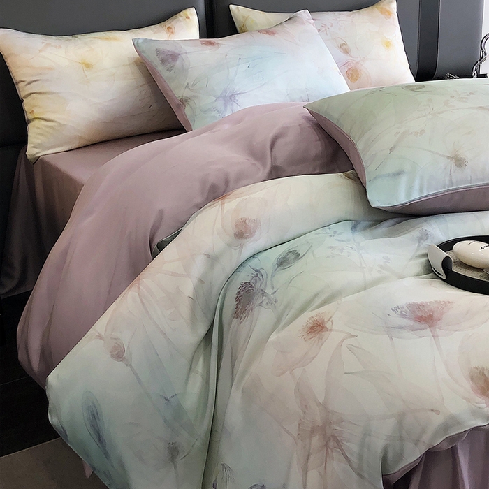 91家纺网 家纺一手货源 找家纺 立奥被业 2025年新款100%兰精天丝四件套天丝数码印花四件套 水仙紫