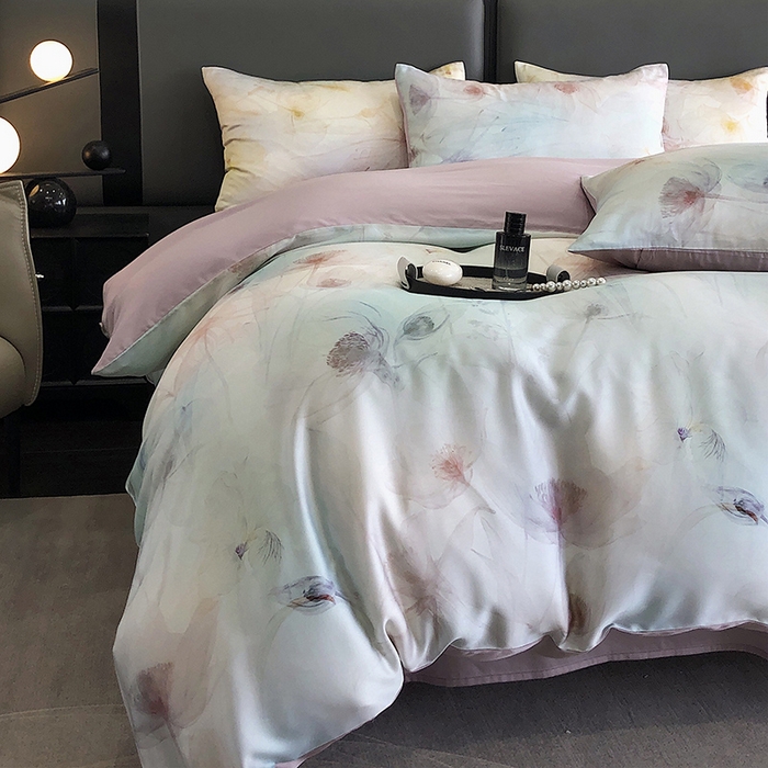 91家纺网 家纺一手货源 找家纺 立奥被业 2025年新款100%兰精天丝四件套天丝数码印花四件套 水仙紫