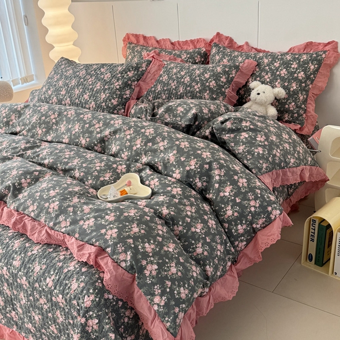 91家纺网 家纺一手货源 找家纺 添越 2024新款纯棉砂洗床盖暗香玫瑰