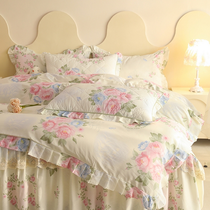 91家纺网 家纺一手货源 找家纺 美达家纺 2025新款全棉印花床裙四件套 法尔曼玫瑰