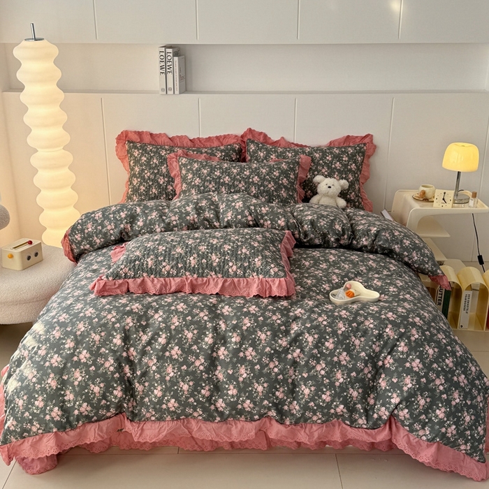 91家纺网 家纺一手货源 找家纺 添越 2024新款纯棉砂洗床盖暗香玫瑰