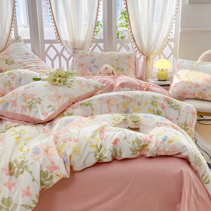 91家纺网 家纺一手货源 找家纺 帅露家纺 2025开春新品全棉喷气13070小清新印花纯棉全棉四件套 浮春绘