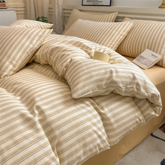 91家纺网 家纺一手货源 找家纺 盛秋家纺 2025新款水洗棉格子系列四件套芝士条纹+云初黄