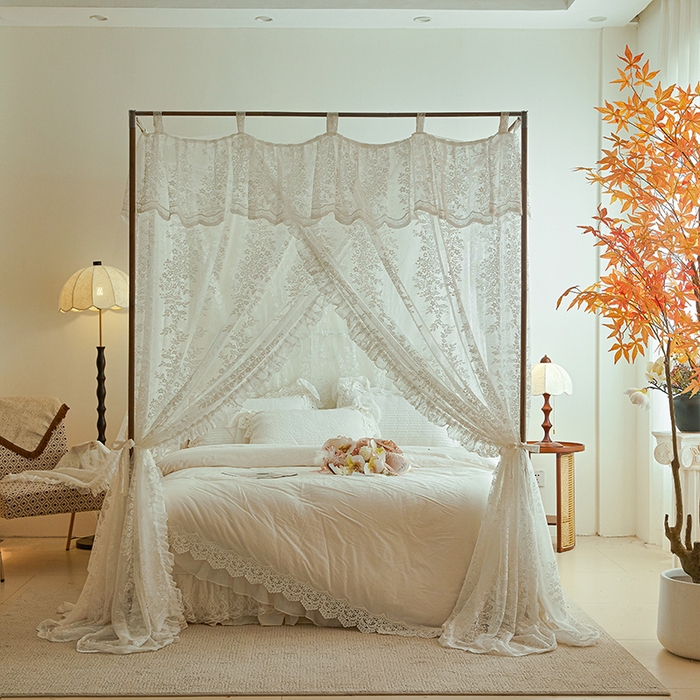 91家纺网 家纺一手货源 找家纺 都市缘蚊帐 2025新款A902穿杆落地宫廷蚊帐烤漆支架款 902玫瑰庄园-奶油白