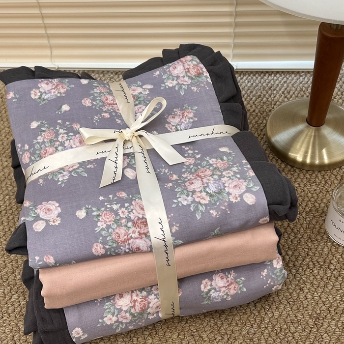 91家纺网 家纺一手货源 找家纺 荣轩 2024新款全棉印花双层纱四件套 皱皱纱花边款 知鸢