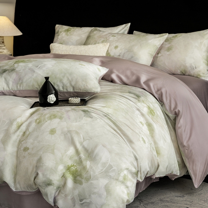 91家纺网 家纺一手货源 找家纺 立奥被业 2025年新款100%兰精天丝四件套天丝数码印花四件套 天仙子-灰