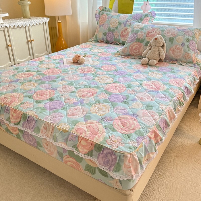 91家纺网 家纺一手货源 找家纺 美达家纺 2025新款全棉印花夹棉床笠 花幽兰-绿