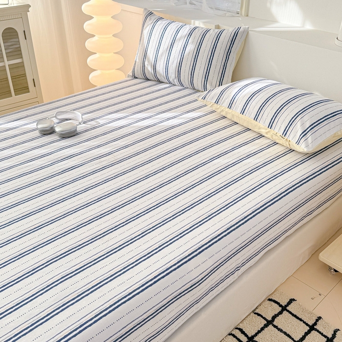 91家纺网 家纺一手货源 找家纺 眠博士2025新款全棉老粗布床笠 老粗布床笠-条纹蓝