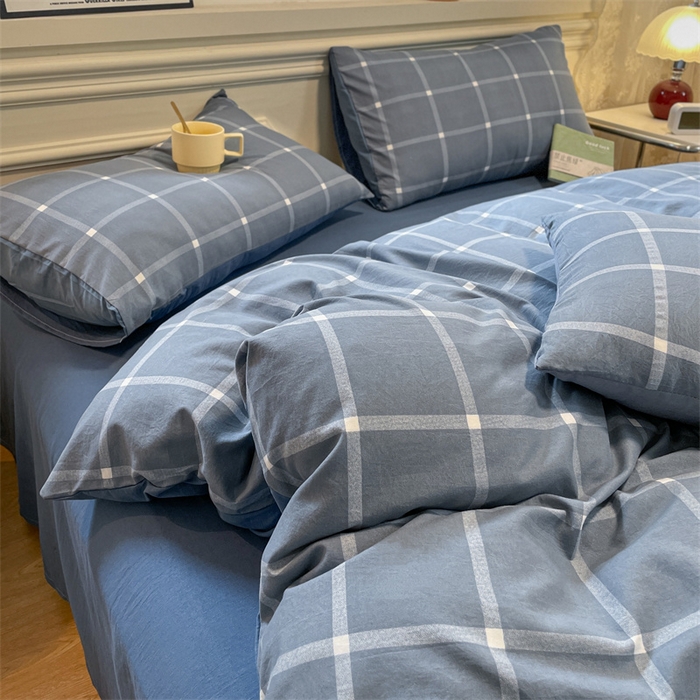91家纺网 家纺一手货源 找家纺 盛秋家纺 2025新款水洗棉格子系列四件套 灰大格+蓝灰