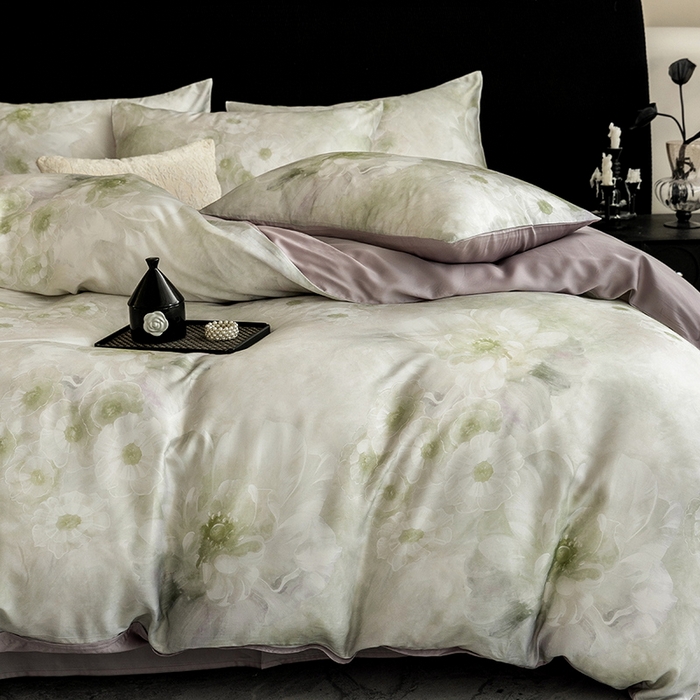 91家纺网 家纺一手货源 找家纺 立奥被业 2025年新款100%兰精天丝四件套天丝数码印花四件套 天仙子-灰