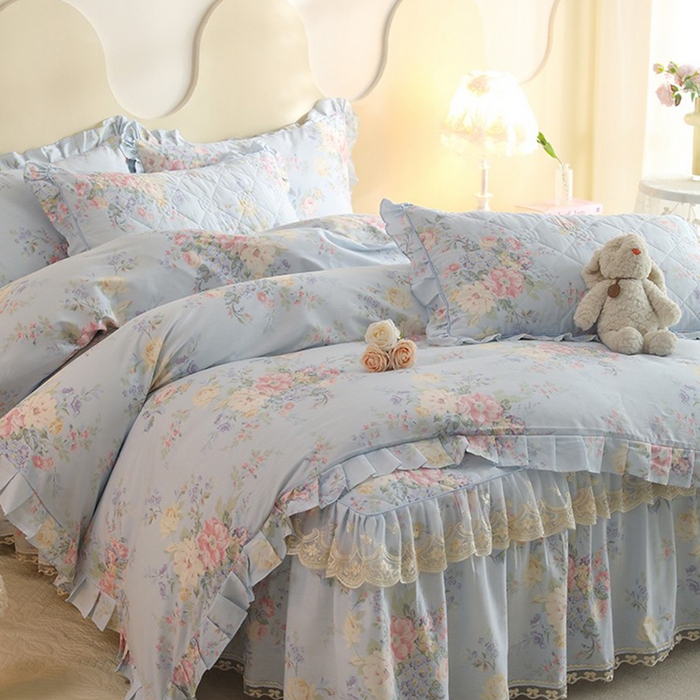 91家纺网 家纺一手货源 找家纺 美达家纺 2025新款全棉印花床裙四件套 栀夏海棠-蓝