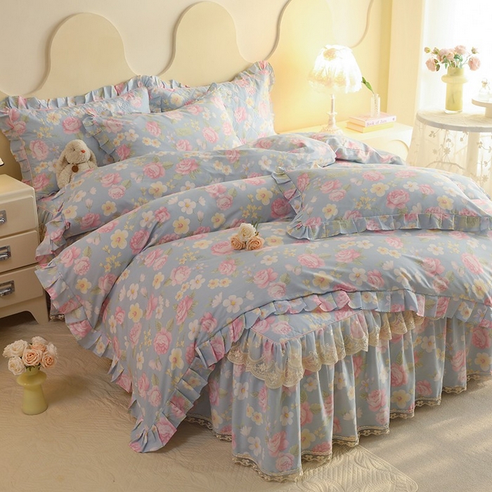 91家纺网 家纺一手货源 找家纺 美达家纺 2025新款全棉印花床裙四件套 纷然花朵