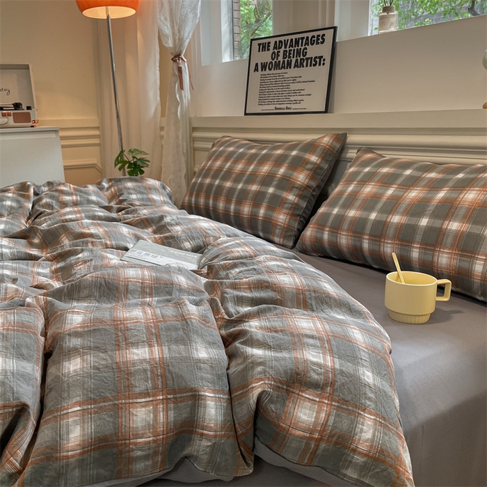 91家纺网 家纺一手货源 找家纺 盛秋家纺 2025新款水洗棉格子系列四件套 洛卡+中灰