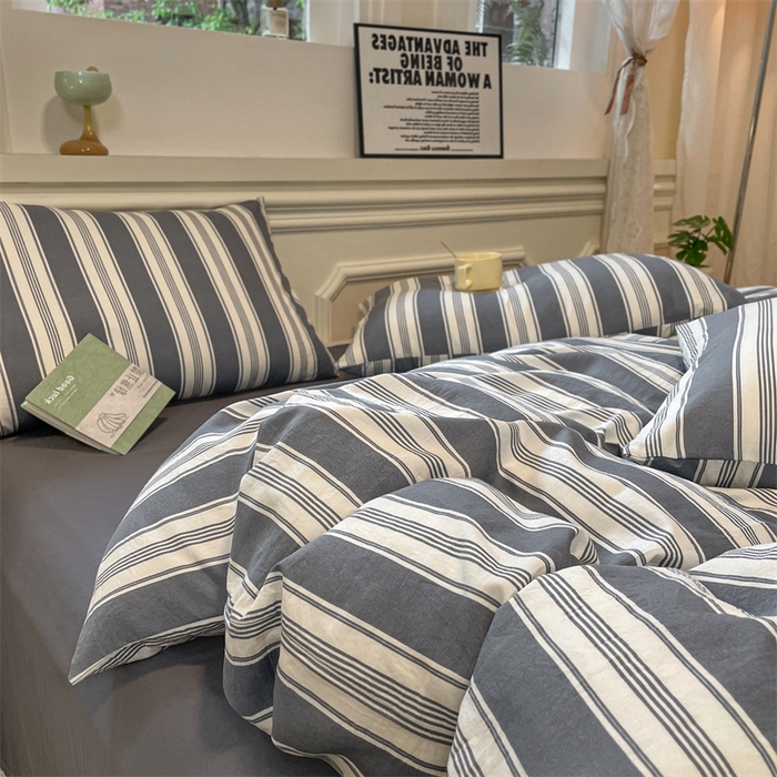 91家纺网 家纺一手货源 找家纺 盛秋家纺 2025新款水洗棉格子系列四件套黑灰中条+高级灰