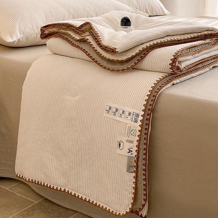 一加一 2025新款A类母婴级全棉双层纱牛奶蛋白夏被四件套 咖细条