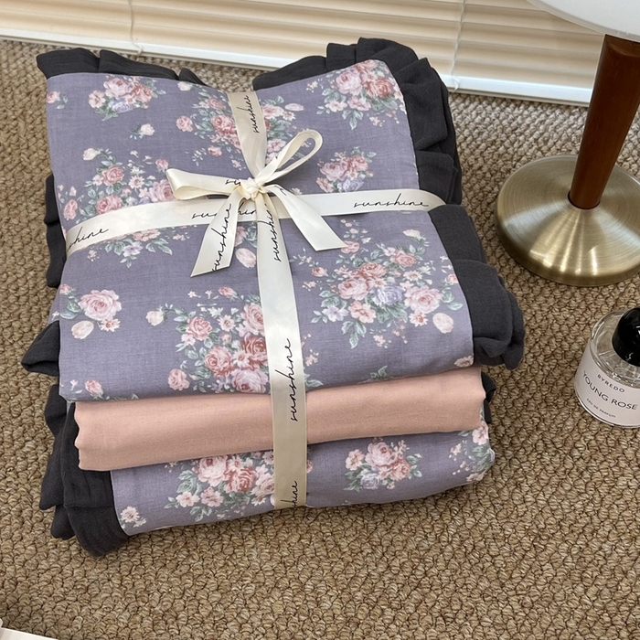 91家纺网 家纺一手货源 找家纺 荣轩 2024新款全棉印花双层纱四件套 皱皱纱花边款 知鸢