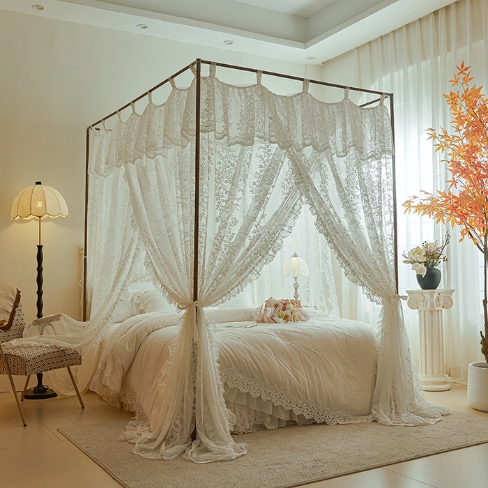 91家纺网 家纺一手货源 找家纺 都市缘蚊帐 2025新款A902穿杆落地宫廷蚊帐烤漆支架款 902玫瑰庄园-奶油白
