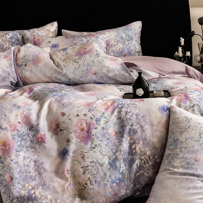 91家纺网 家纺一手货源 找家纺 立奥被业 2025年新款100%兰精天丝四件套天丝数码印花四件套 虞美人-紫