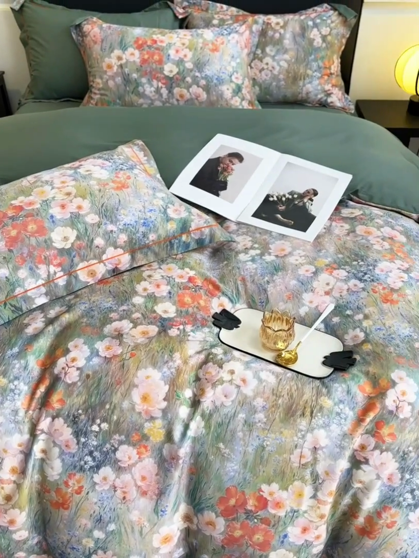 91家纺网 家纺一手货源 找家纺 帛美家纺 2025新款40S莱赛尔天丝棉数码印花四件套 翠玉纹