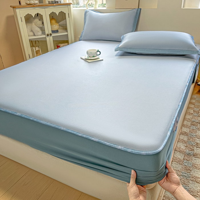 91家纺网 家纺一手货源 找家纺 鑫琪莱家纺 2025云母凉感冰丝席 床笠款-云母蓝