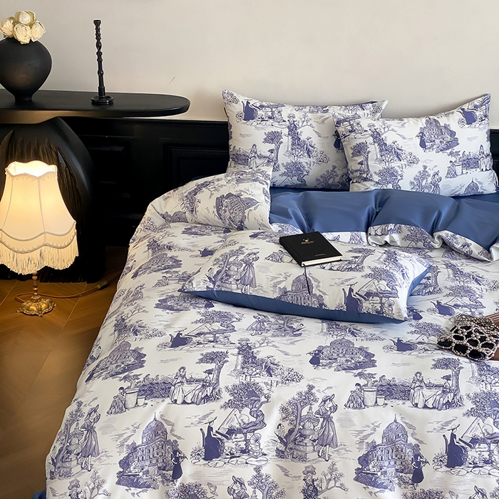 91家纺网 家纺一手货源 找家纺 赫帛 2025新款赫本猫联名系列四件套-南法庄园 南法庄园-复古蓝