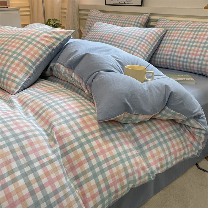 91家纺网 家纺一手货源 找家纺 盛秋家纺 2025新款水洗棉格子系列四件套 朵拉+海清