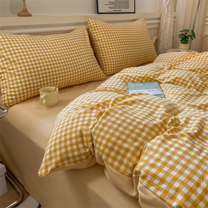盛秋家纺 2025新款水洗棉格子系列四件套 黄小格+云初黄