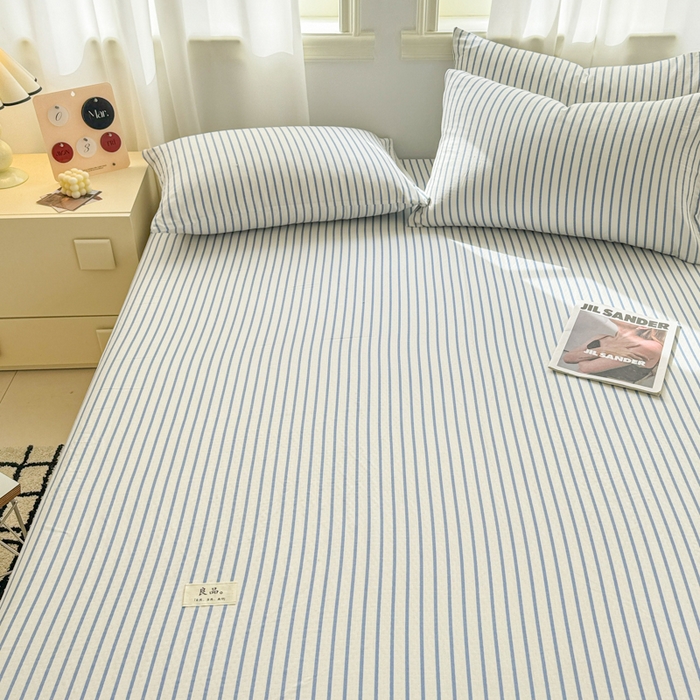 91家纺网 家纺一手货源 找家纺 眠博士2025新款 全棉双层纱 单床笠 双层纱床笠-白蓝条