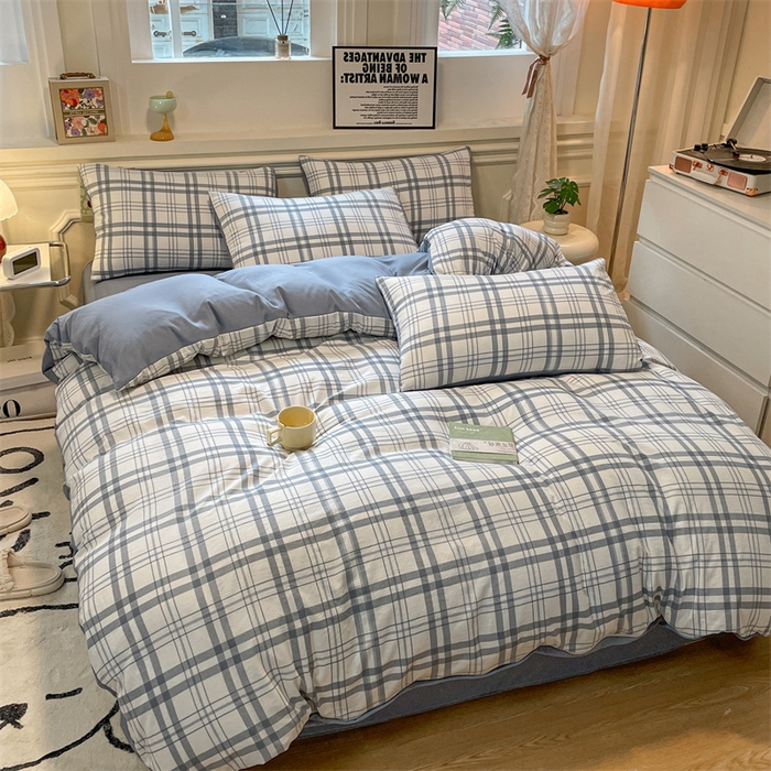 91家纺网 家纺一手货源 找家纺 盛秋家纺 2025新款水洗棉格子系列四件套蓝调+海清