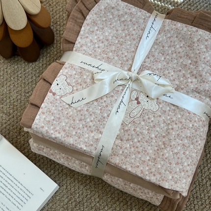 荣轩 2024新款全棉印花双层纱四件套 皱皱纱花边款 泡芙熊-咖