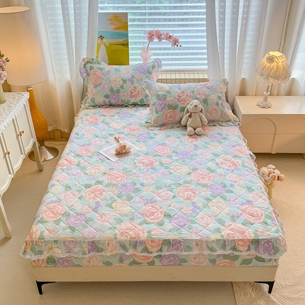 91家纺网 家纺一手货源 找家纺 美达家纺 2025新款全棉印花夹棉床笠 花幽兰-绿