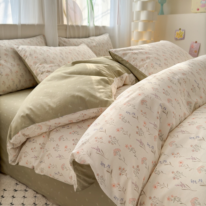 91家纺网 家纺一手货源 找家纺 清雅福 2025全棉13372小清新四件套和单被套早春系列第二批--四件套 梦回浅溪