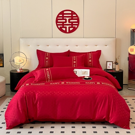 91家纺网 家纺一手货源 找家纺 （总）千希家纺 2025新款婚庆系列高克重工艺款提花布刺绣四件套