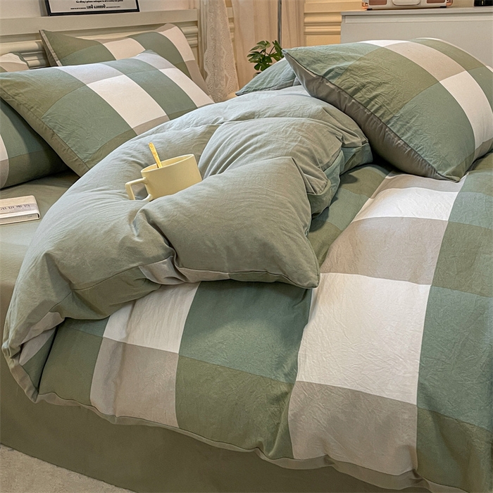 91家纺网 家纺一手货源 找家纺 盛秋家纺 2025新款水洗棉格子系列四件套 绿大格+明灰