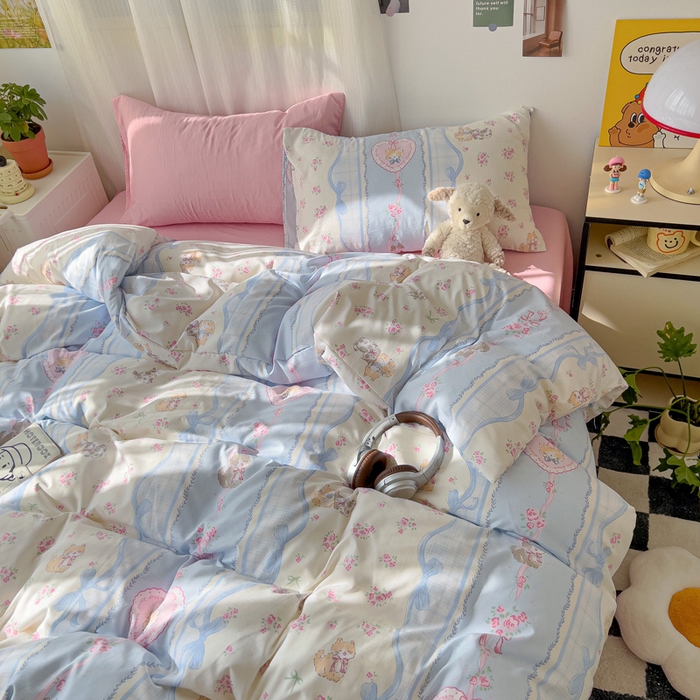 91家纺网 家纺一手货源 找家纺 仟人梦 2025新款水洗棉印花四件套 田园猫