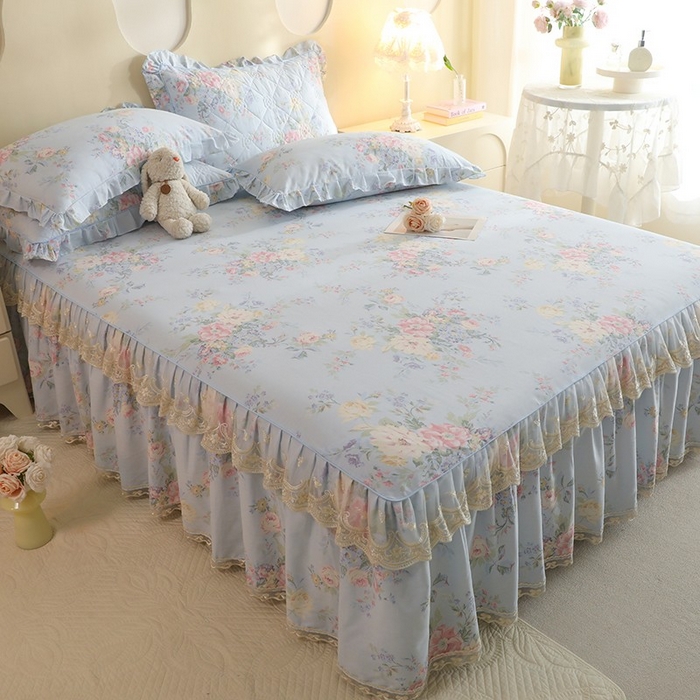 91家纺网 家纺一手货源 找家纺 美达家纺 2025新款全棉印花单床裙 栀夏海棠-蓝