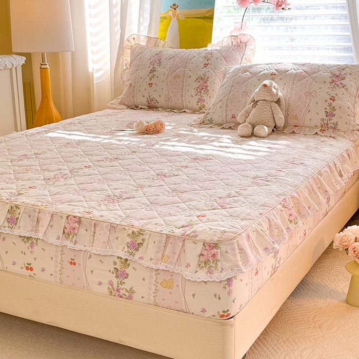 91家纺网 家纺一手货源 找家纺 美达家纺 2025新款全棉印花夹棉床笠 少女心结