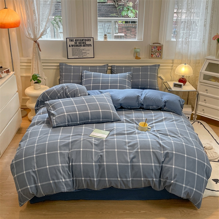 91家纺网 家纺一手货源 找家纺 盛秋家纺 2025新款水洗棉格子系列四件套 灰大格+蓝灰