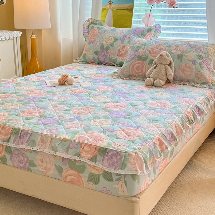 91家纺网 家纺一手货源 找家纺 美达家纺 2025新款全棉印花夹棉床笠 花幽兰-绿