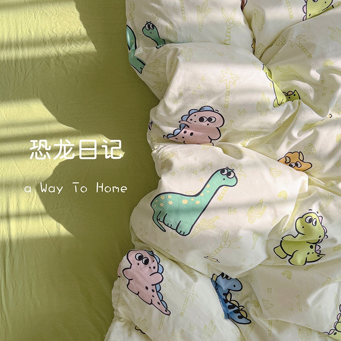 91家纺网 家纺一手货源 找家纺 仟人梦 2025新款水洗棉印花四件套 恐龙日记