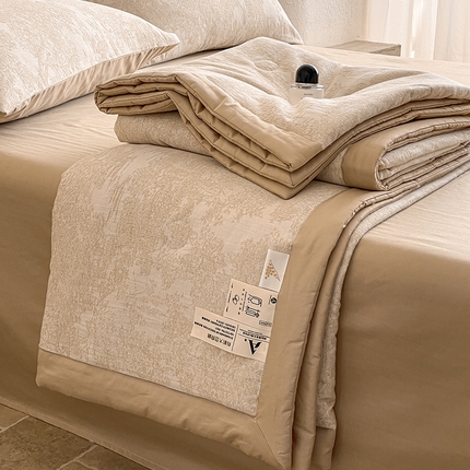 一加一家纺2025新款A类全棉三层纱色织提花大豆夏被四件套 梦境--咖