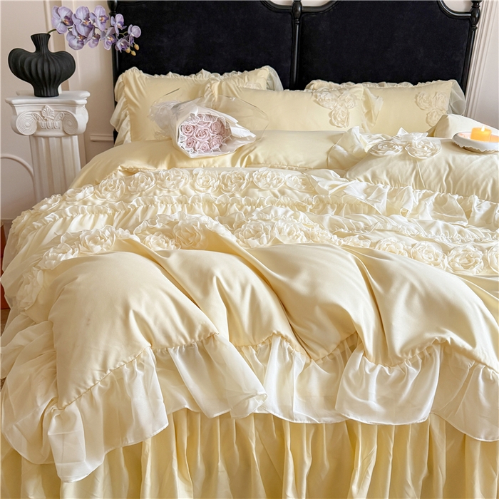 91家纺网 家纺一手货源 找家纺 富盛家纺 2025新款水洗亲肤棉盘花刺绣床裙款四件套公主风四件套甜蜜蜜系列 甜蜜蜜-黄