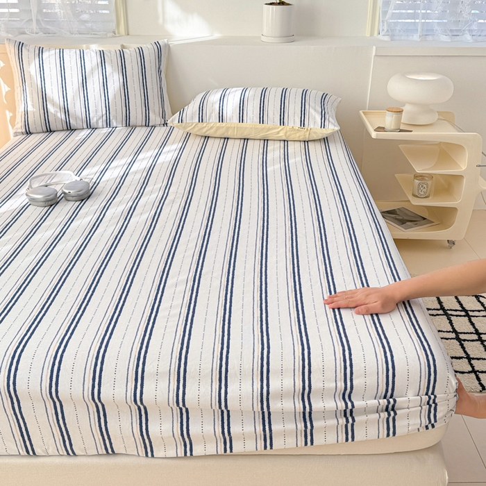 91家纺网 家纺一手货源 找家纺 眠博士2025新款全棉老粗布床笠 老粗布床笠-条纹蓝