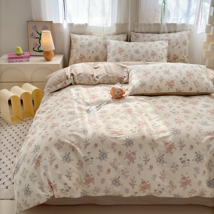 91家纺网 家纺一手货源 找家纺 清雅福 2025全棉13372小清新四件套和单被套早春系列第二批--四件套 夜伴花香·米