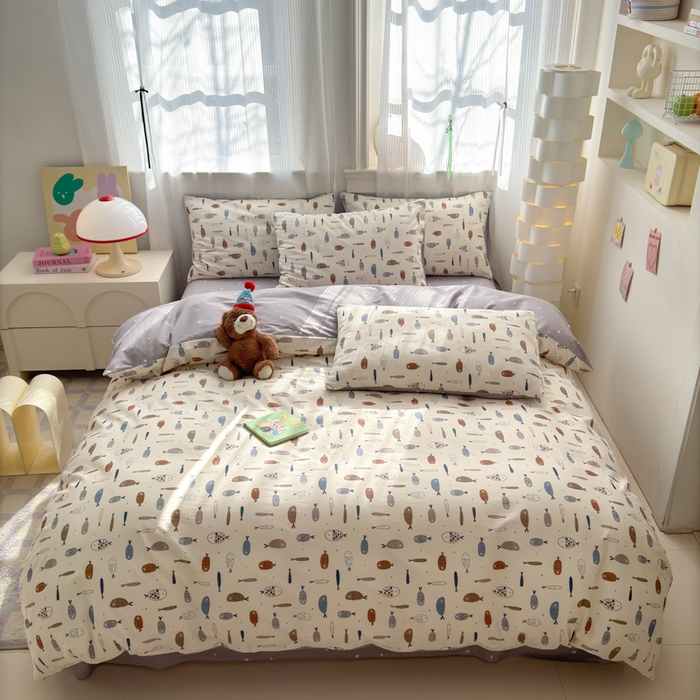 91家纺网 家纺一手货源 找家纺 清雅福 2025全棉13372小清新四件套和单被套早春系列第二批--四件套 鱼多多