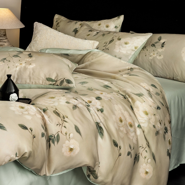 91家纺网 家纺一手货源 找家纺 立奥被业 2025年新款100%兰精天丝四件套天丝数码印花四件套 木兰花-绿