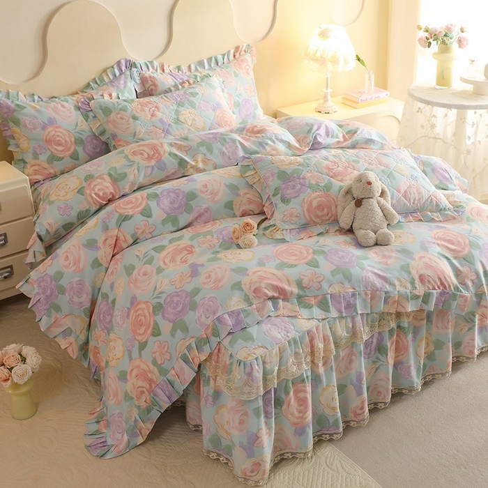 91家纺网 家纺一手货源 找家纺 美达家纺 2025新款全棉印花床裙四件套 花幽兰-绿