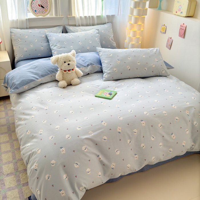 91家纺网 家纺一手货源 找家纺 清雅福 2025全棉13372小清新四件套和单被套早春系列第二批--四件套 小狗宝莉·蓝