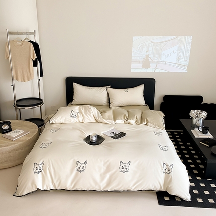 赫帛 2025新款赫本猫联名系列四件套-韩系三角针 白绿色