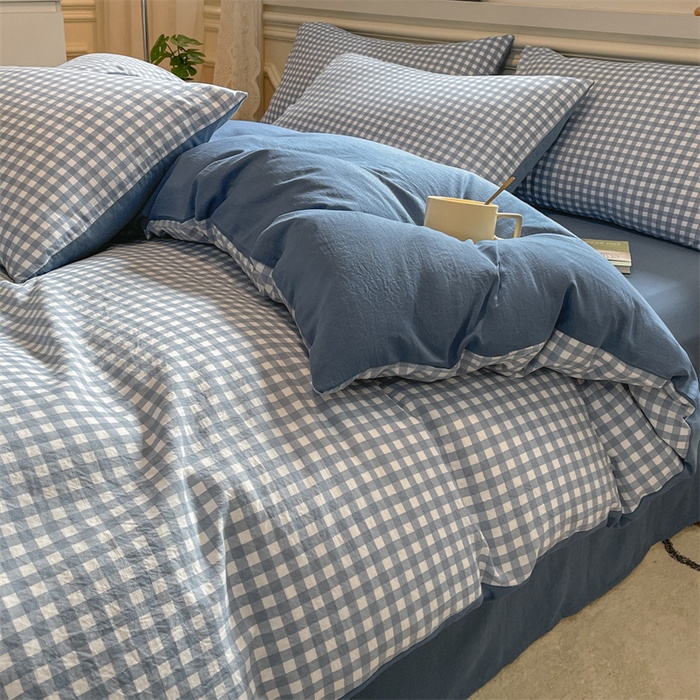 91家纺网 家纺一手货源 找家纺 盛秋家纺 2025新款水洗棉格子系列四件套 蓝小格+蓝灰